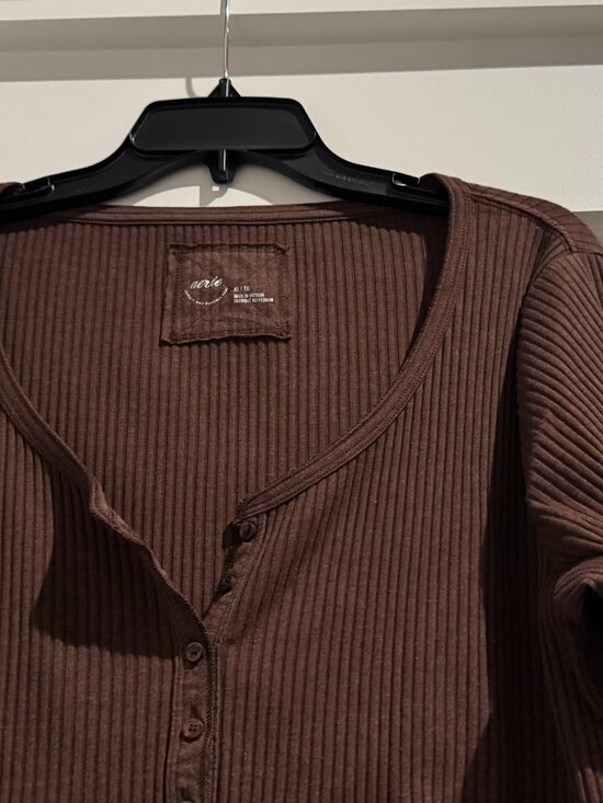 Aerie Women’s Ribbed Henley Layering T-Shirt Canyon Sun Brown Extra Large XL - Picture 6 of 16